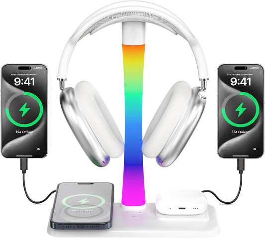 Headphone Stand with Wireless Charger,Gaming Headset Stand with RGB Light Mode,For Airpod Max Stand Compatible with Airpod Pro/3/2,Iphone 17/16/15/14/13/12/11,Gifts for Gamers & Music Lover (White)