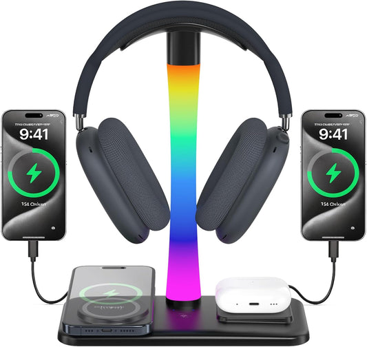 Headphone Stand with Wireless Charger,Gaming Headset Stand with RGB Light Mode,For Airpod Max Stand Compatible with Airpod Pro/3/2,Iphone 17/16/15/14/13/12/11,Gifts for Gamers & Music Lover(Black)